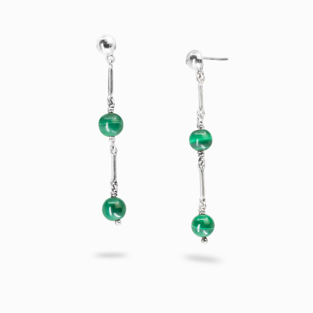 Sterling silver stud drop earrings featuring round Malachite beads.