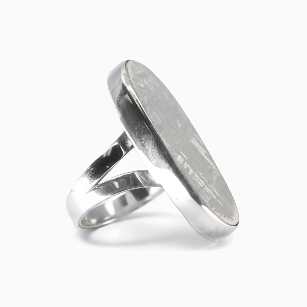 Gibeon meteorite oval slice ring in sterling silver with natural etched pattern