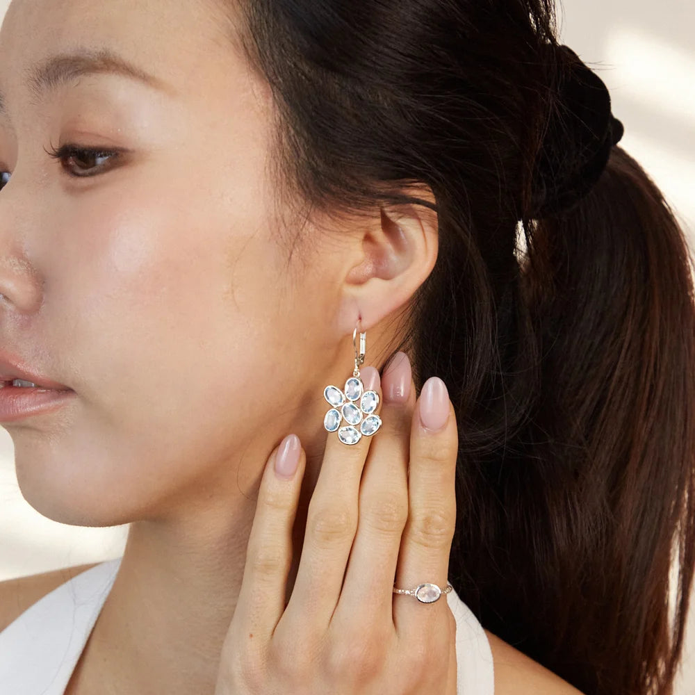 Faceted oval Blue Topaz gemstones bezel set in polished sterling silver cluster drop earrings.