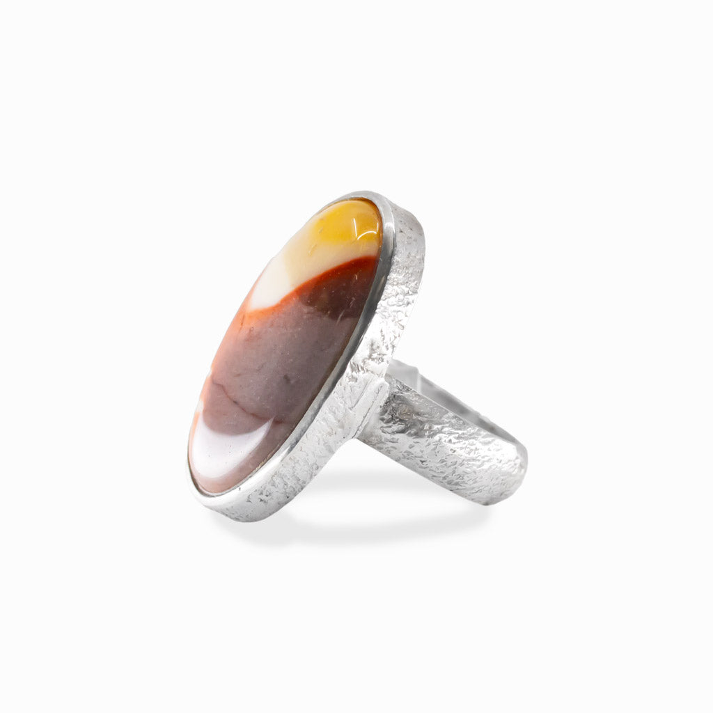 Oval Mookaite cabochon sterling silver statement ring with natural earthy colors.