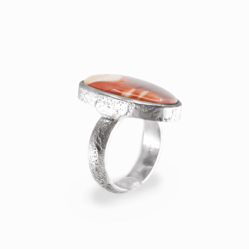 Oval Mookaite cabochon sterling silver statement ring with natural earthy colors.