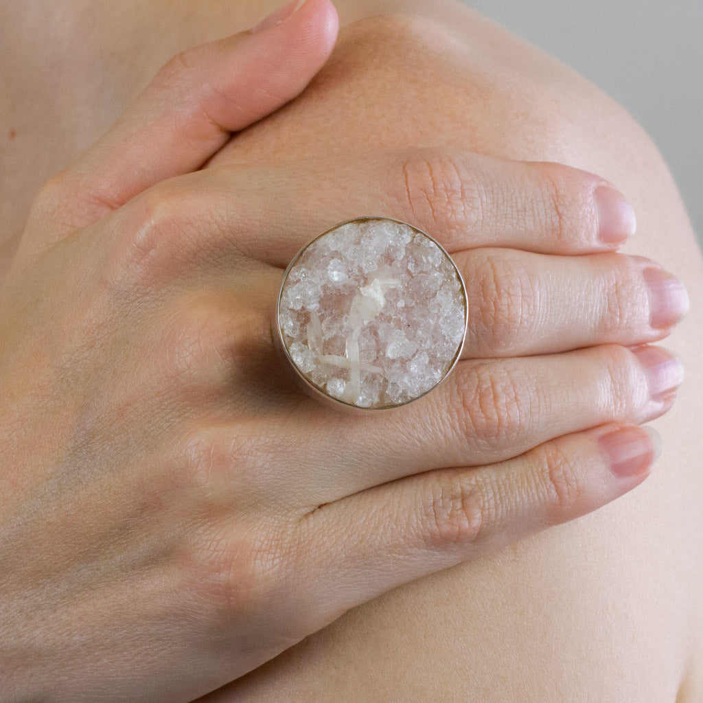 Pink apophyllite ring on model