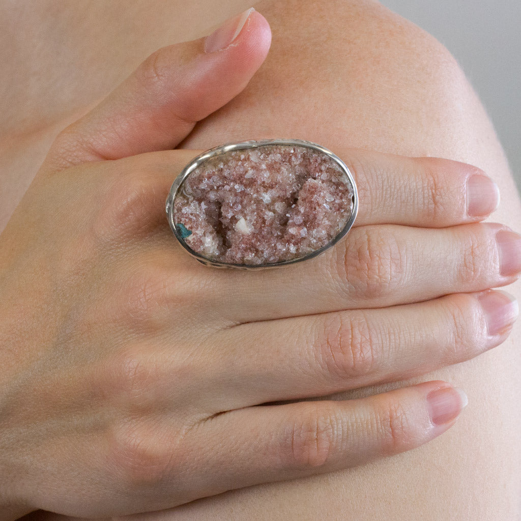 Pink apophyllite ring on model