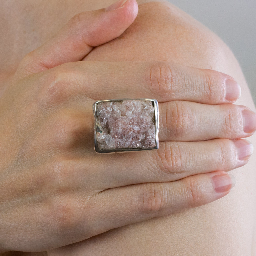 Pink apophyllite ring on model