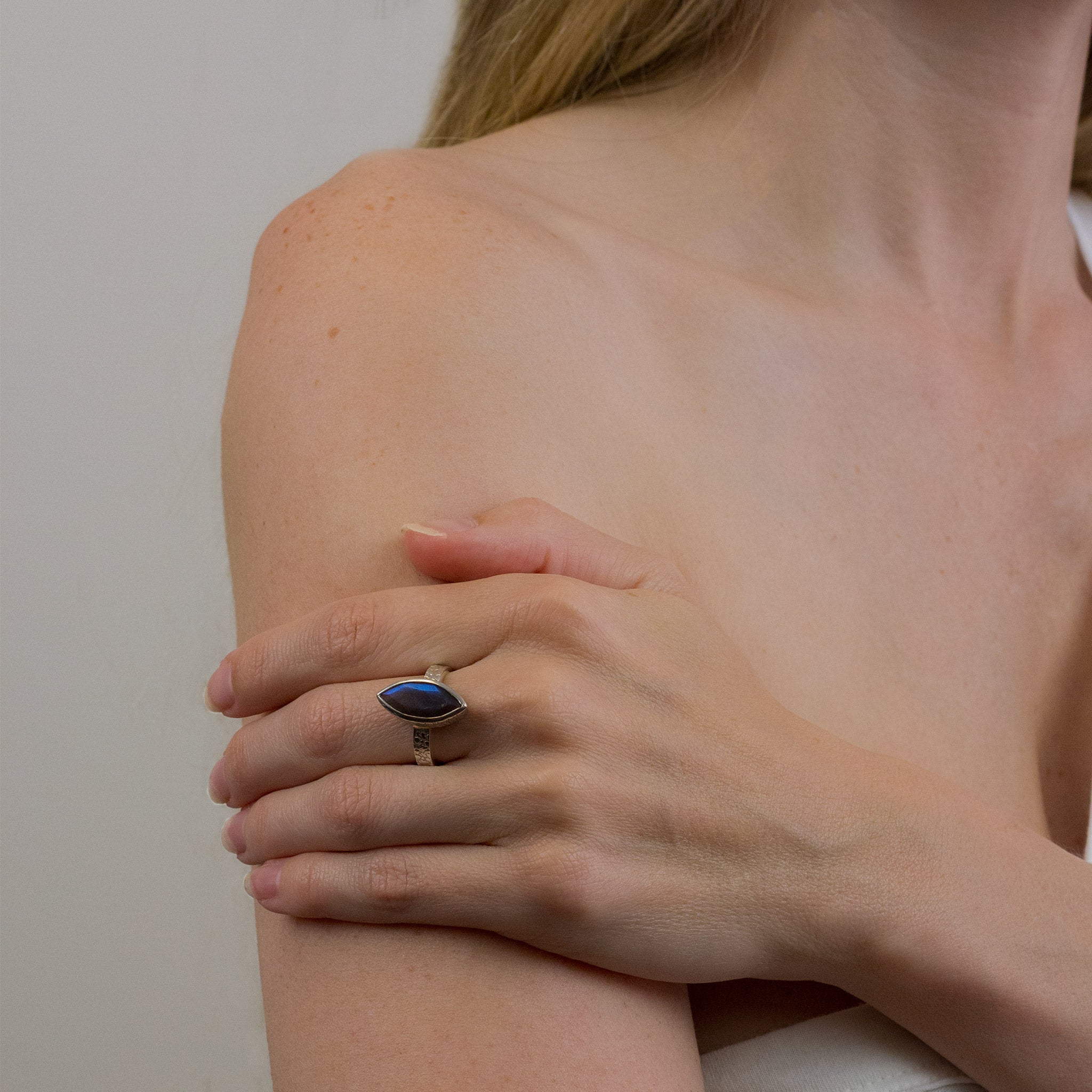labradorite on model ring