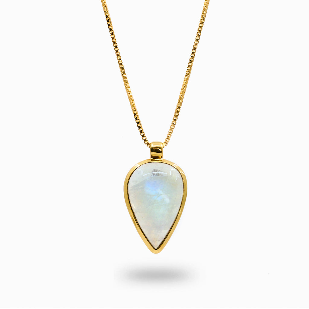 cabochon tear Rainbow Moonstone necklace