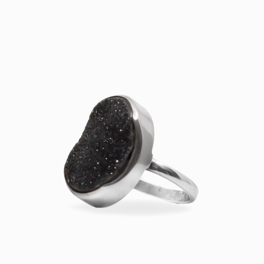 Large oval Black Onyx druzy ring with sparkling crystalline surface in polished 925 sterling silver.