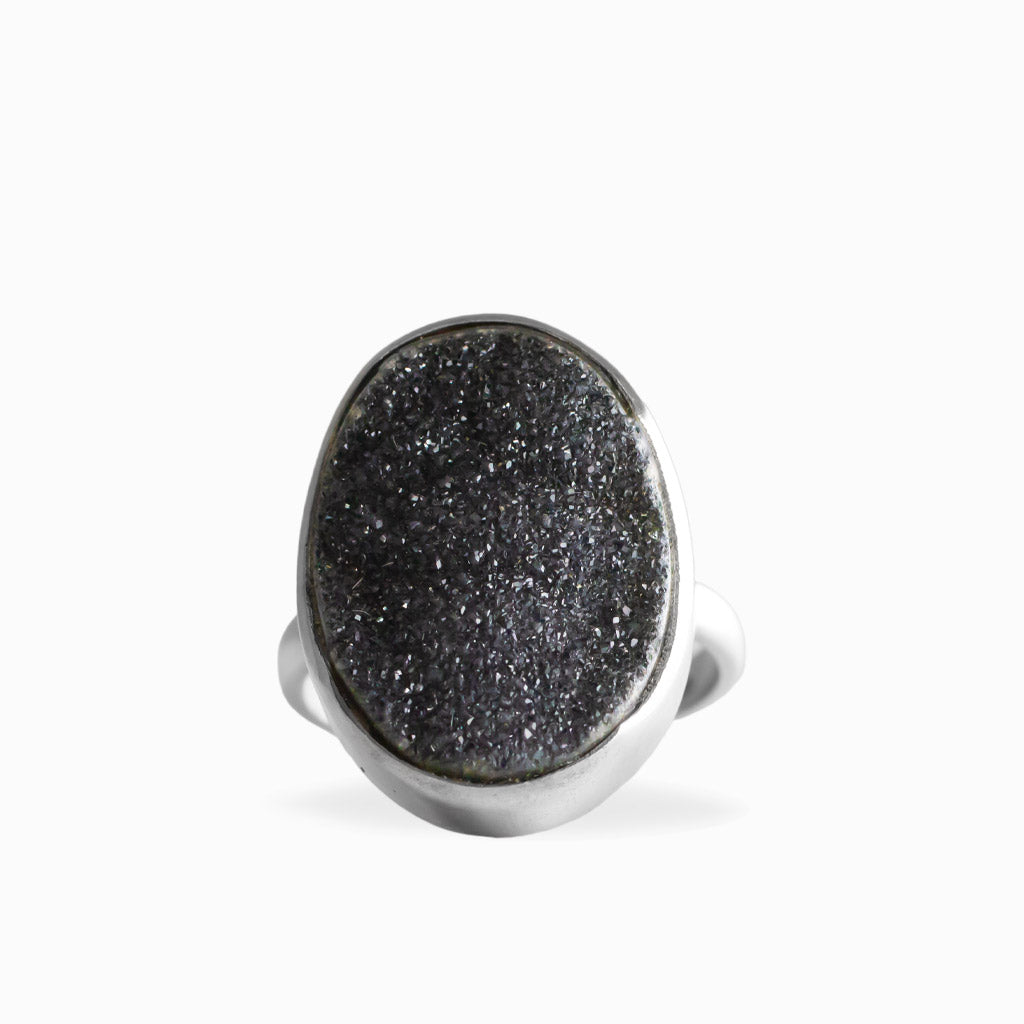 Large oval Black Onyx druzy ring with sparkling crystalline surface in polished 925 sterling silver.