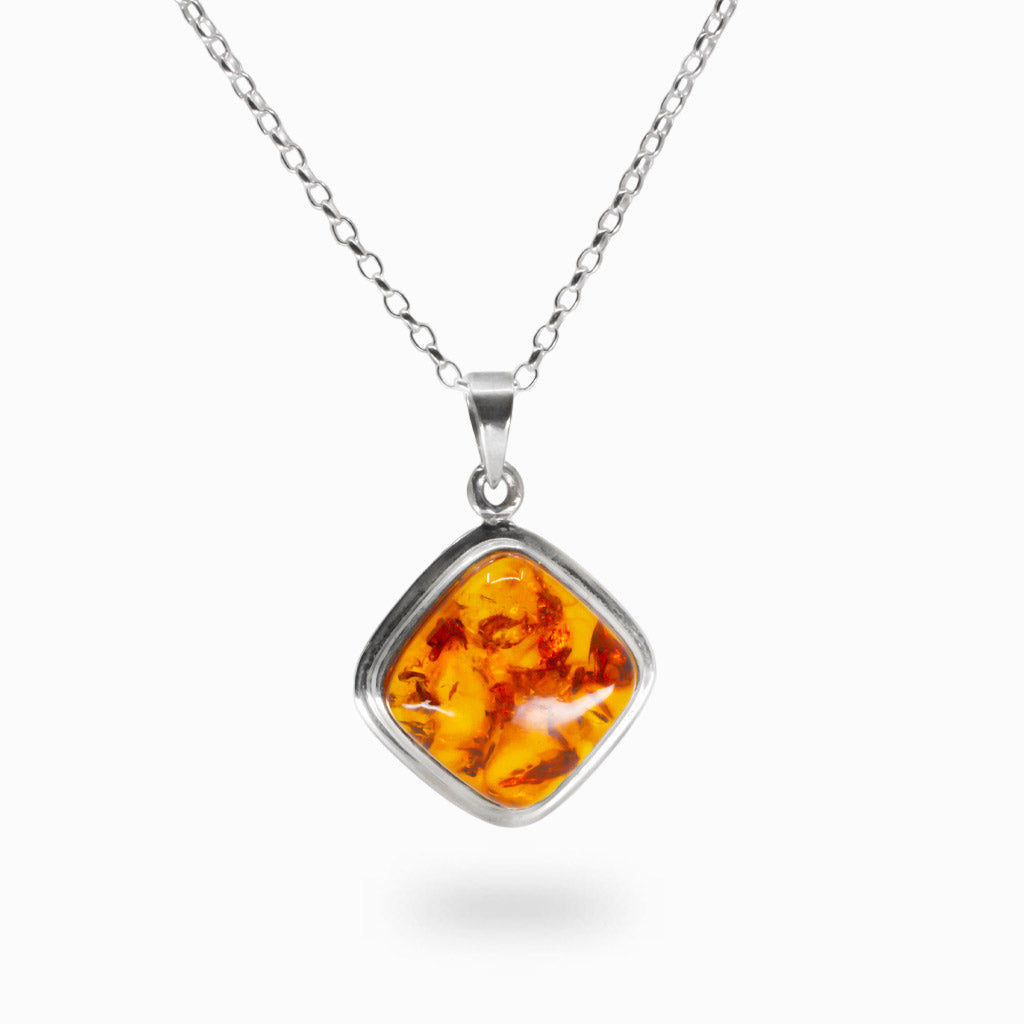 CABOCHON DIAMOND AMBER NECKLACE IN STERLING SILVER MADE IN EARTH