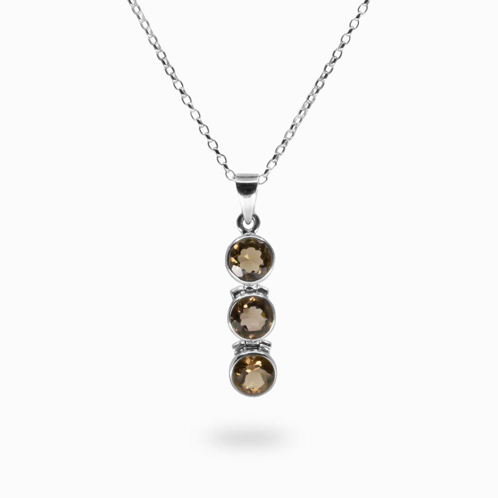 FACETED TRIPLE SMOKEY QUARTZ NECKLACE IN STERLING SILVER MADE IN EARTH