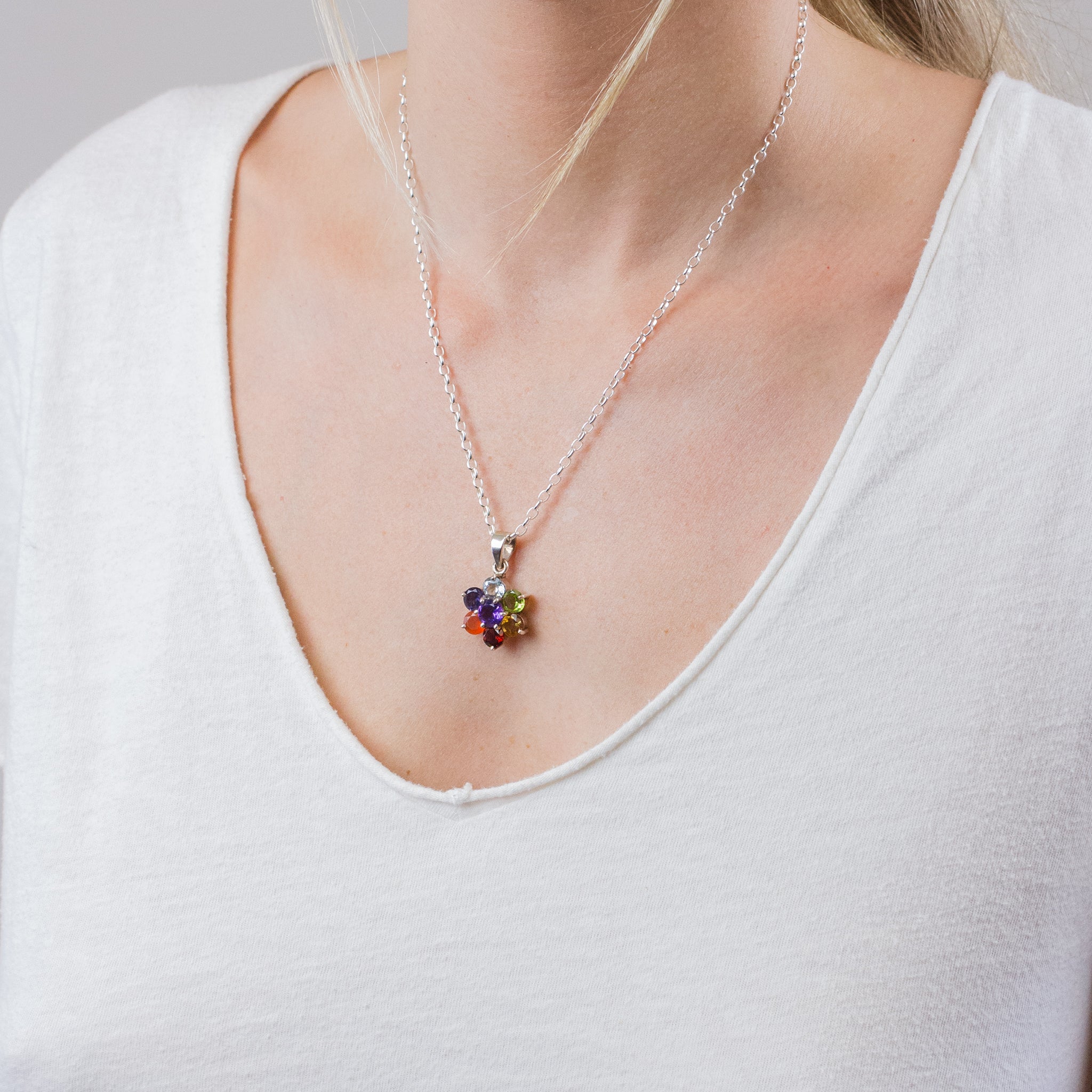 FACETED FLOWER CHAKRA NECKLACE ON MODEL