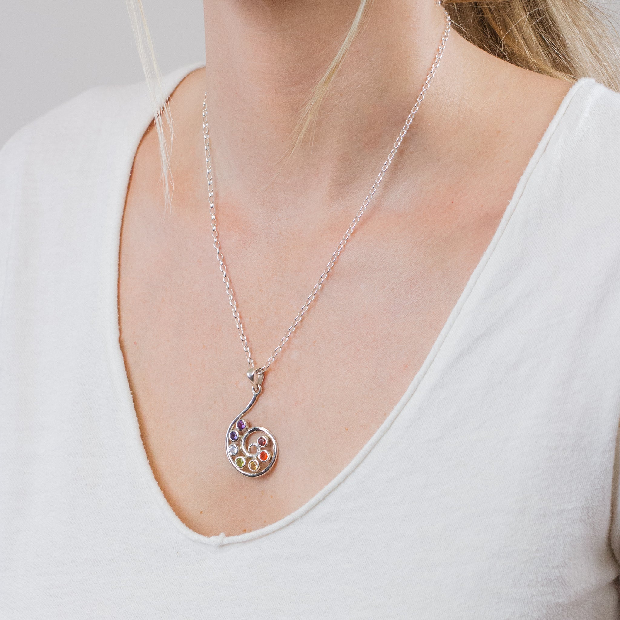 CHAKRA SPIRAL NECKLACE ON MODEL