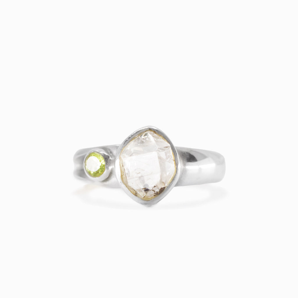 Raw Herkimer diamond and peridot ring in sterling silver