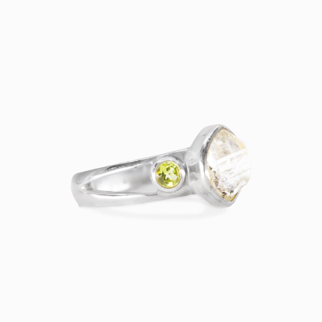 Raw Herkimer diamond and peridot ring in sterling silver