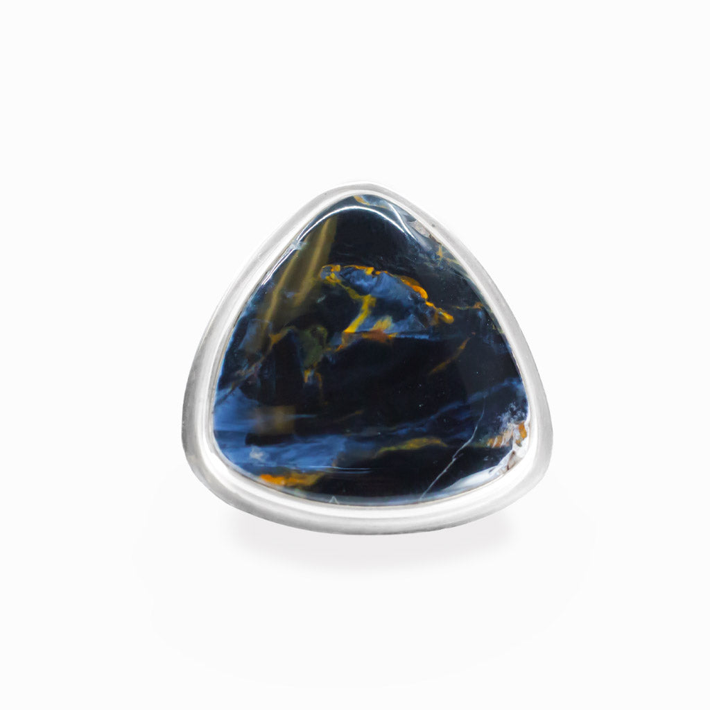 Pietersite triangular cabochon ring in polished sterling silver with swirling navy blue, electric blue and golden-brown natural patterns.
