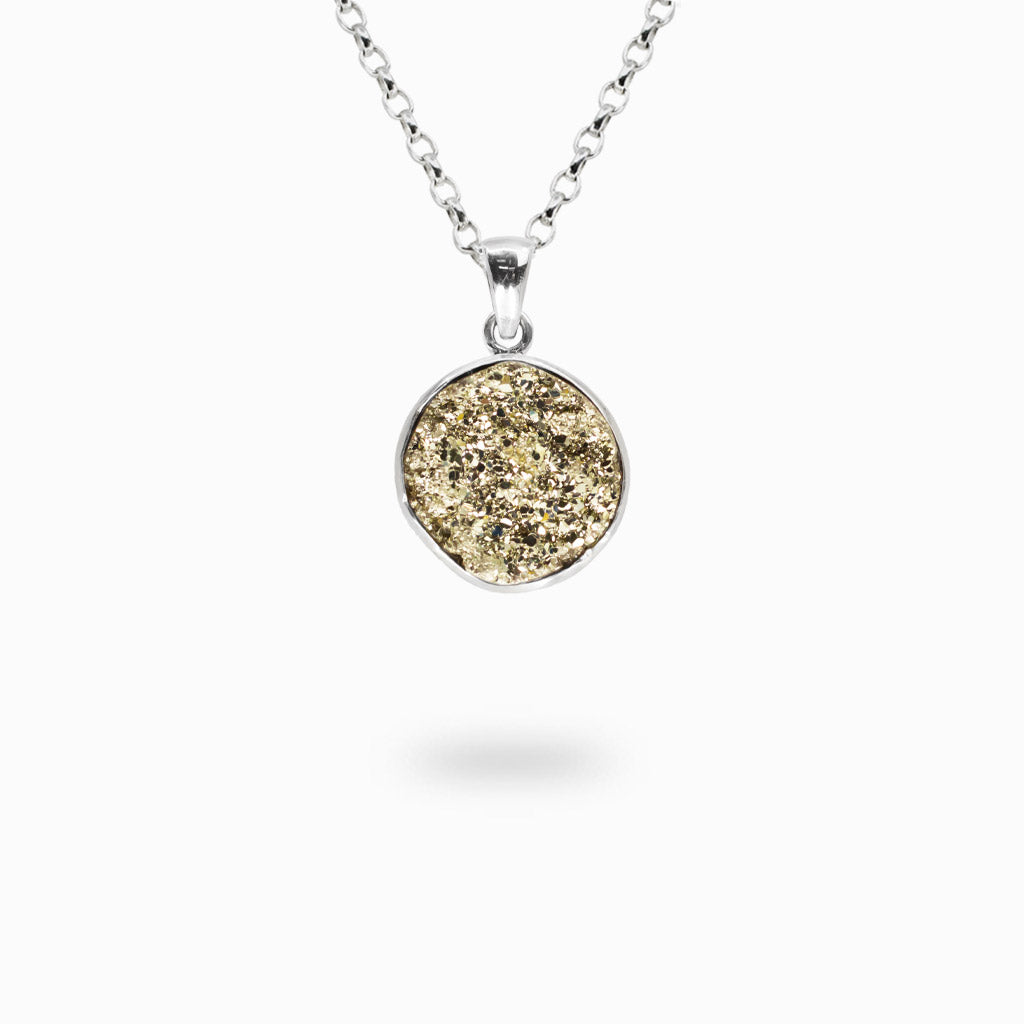 golden Pyrite druzy pendant with naturally sparkling crystal surface framed in polished sterling silver.