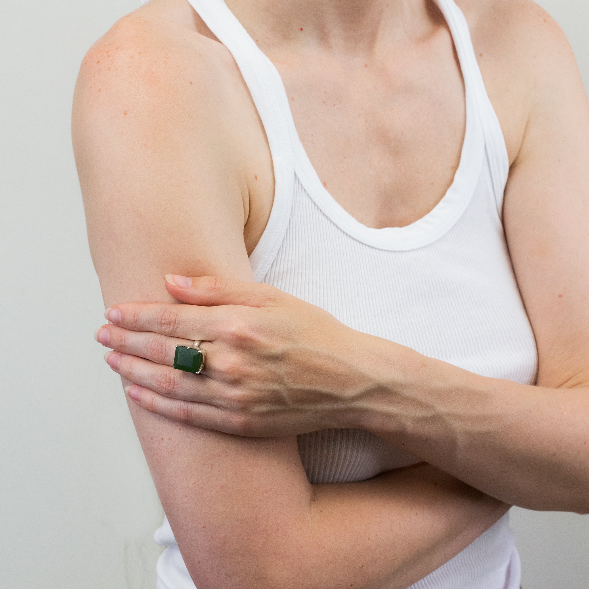 NEPHRITE FACETED JADE RING ON MODEL