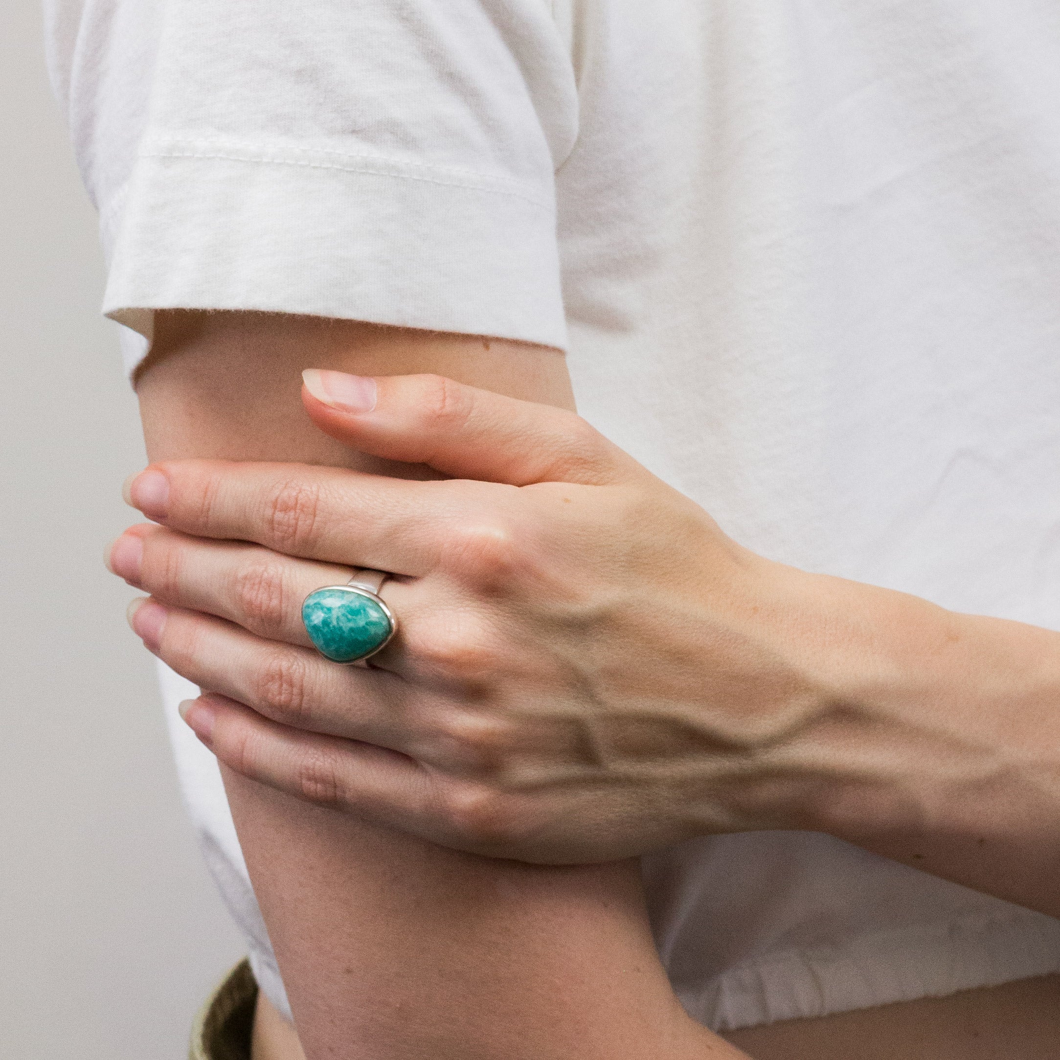 ORGANIC CABOCHON AMAZONITE RING ON MODEL
