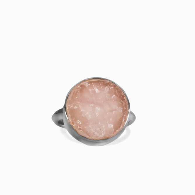 RAW ROUND ROSE QUARTZ BEZEL RING STERLING SILVER MADE IN EARTH