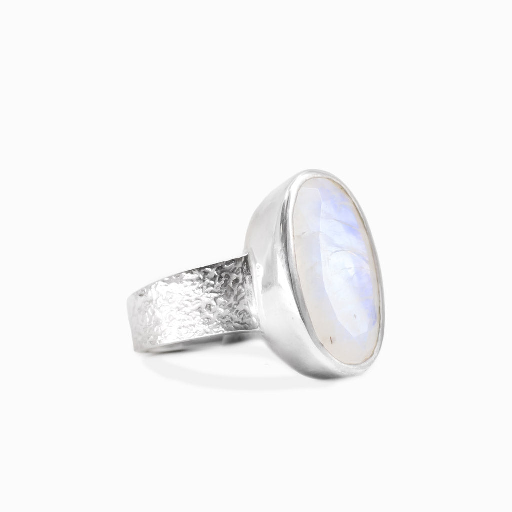 Faceted rainbow moonstone oval ring in sterling silver