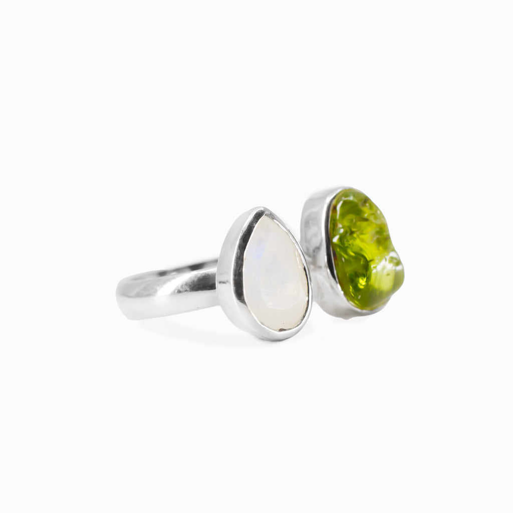 Peridot and rainbow moonstone ring with raw and faceted stones in sterling silver