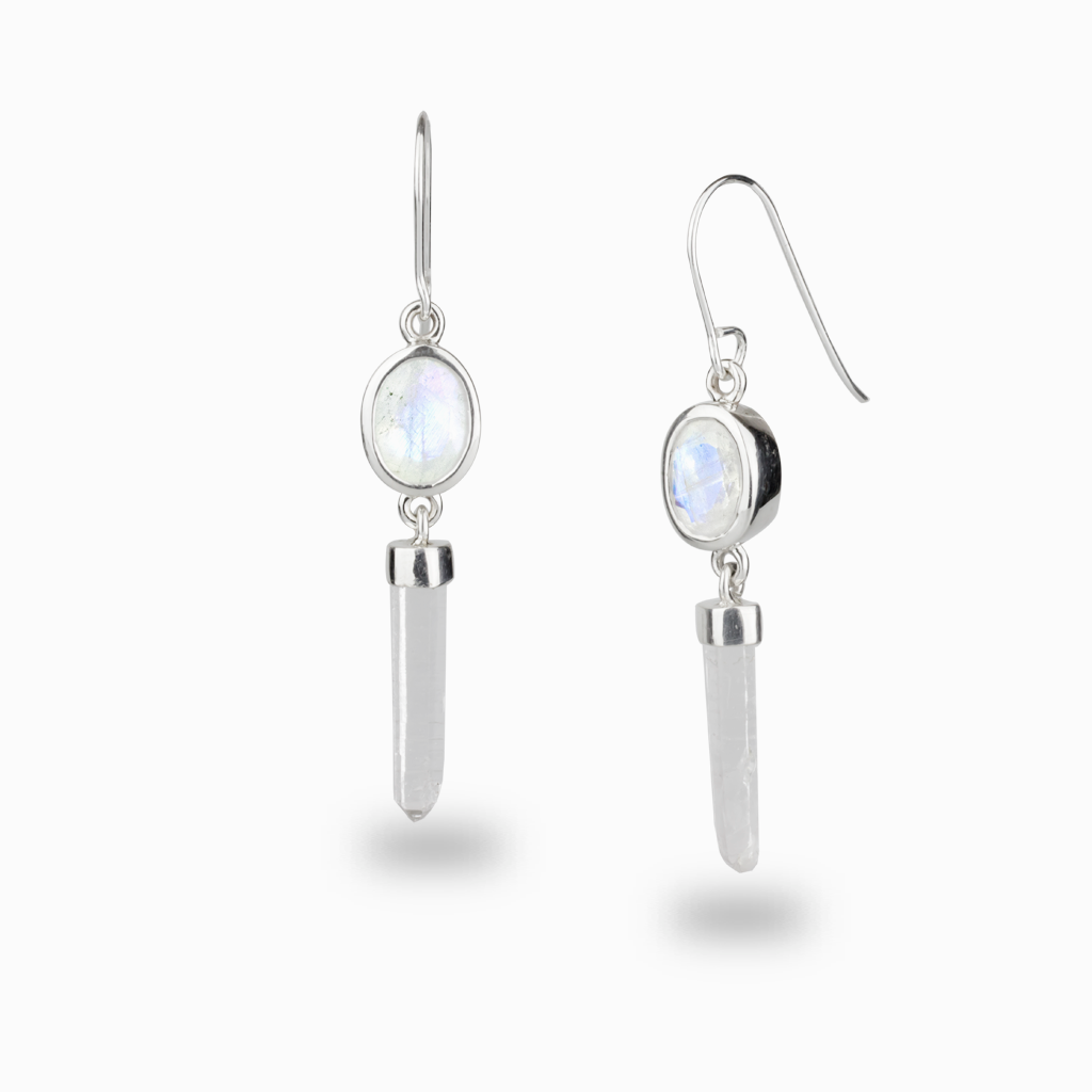 FACETED RAINBOW MOONSTONE AND LASER QUARTZ DROP EARRINGS | MADE IN EARTH