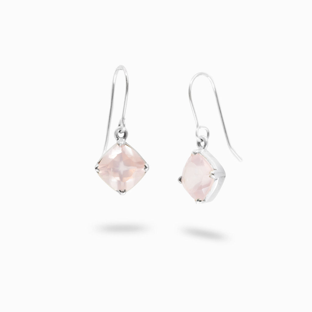 Cushion cut rose quartz earrings in sterling silver