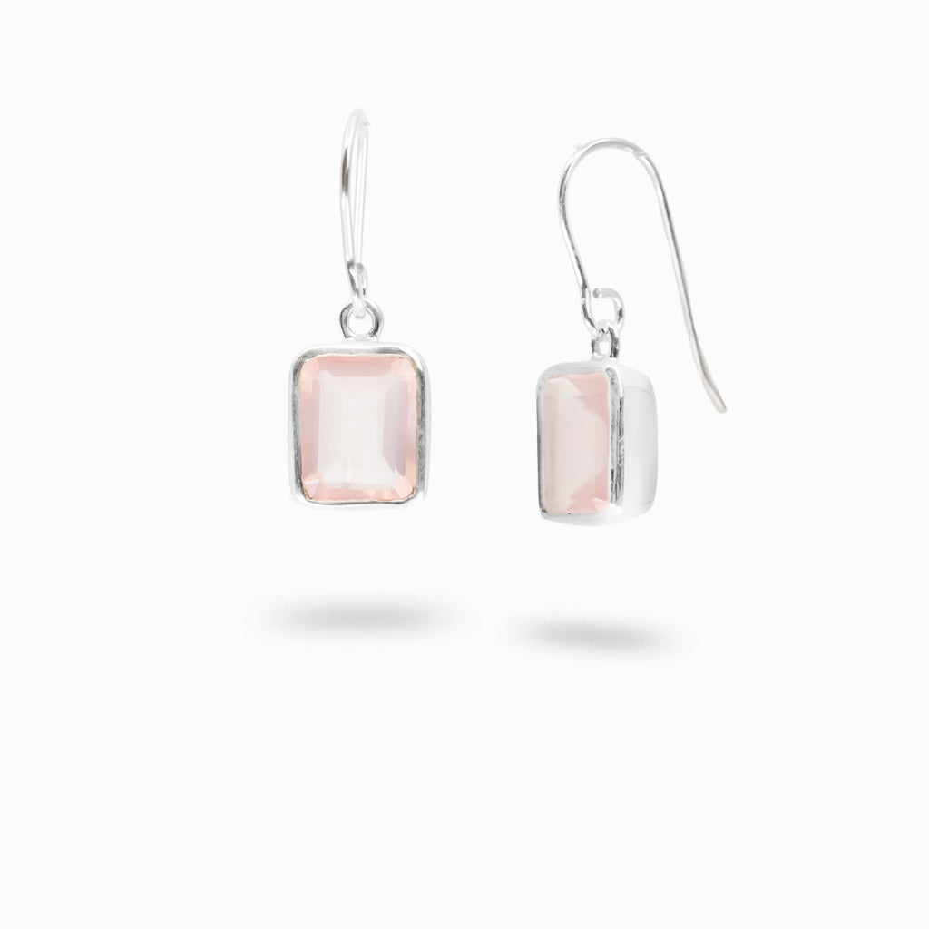 Faceted rectangle rose quartz earrings in sterling silver