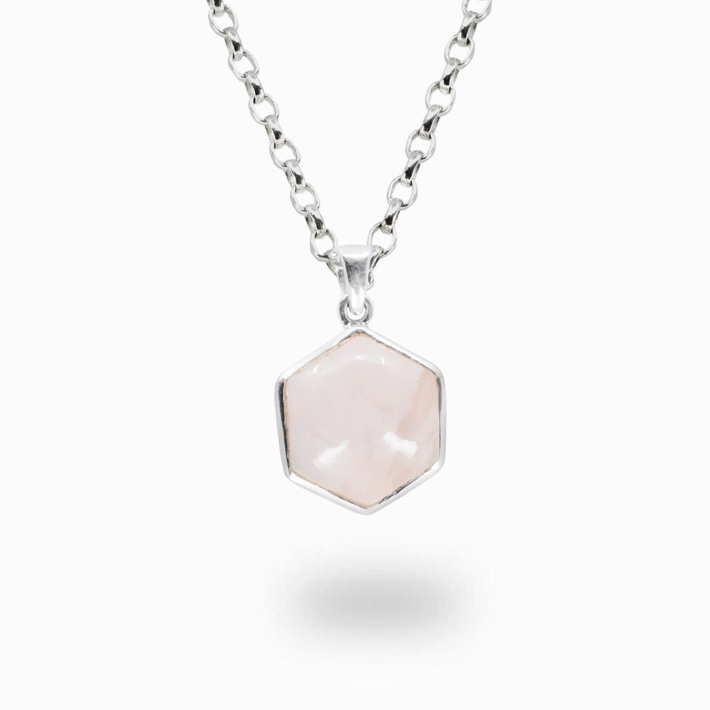 Hexagonal rose quartz bezel necklace in sterling silver