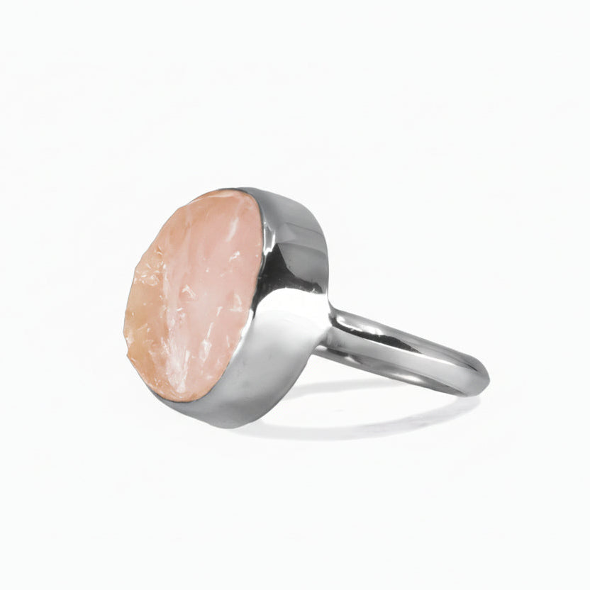 RAW ROUND ROSE QUARTZ BEZEL RING STERLING SILVER MADE IN EARTH