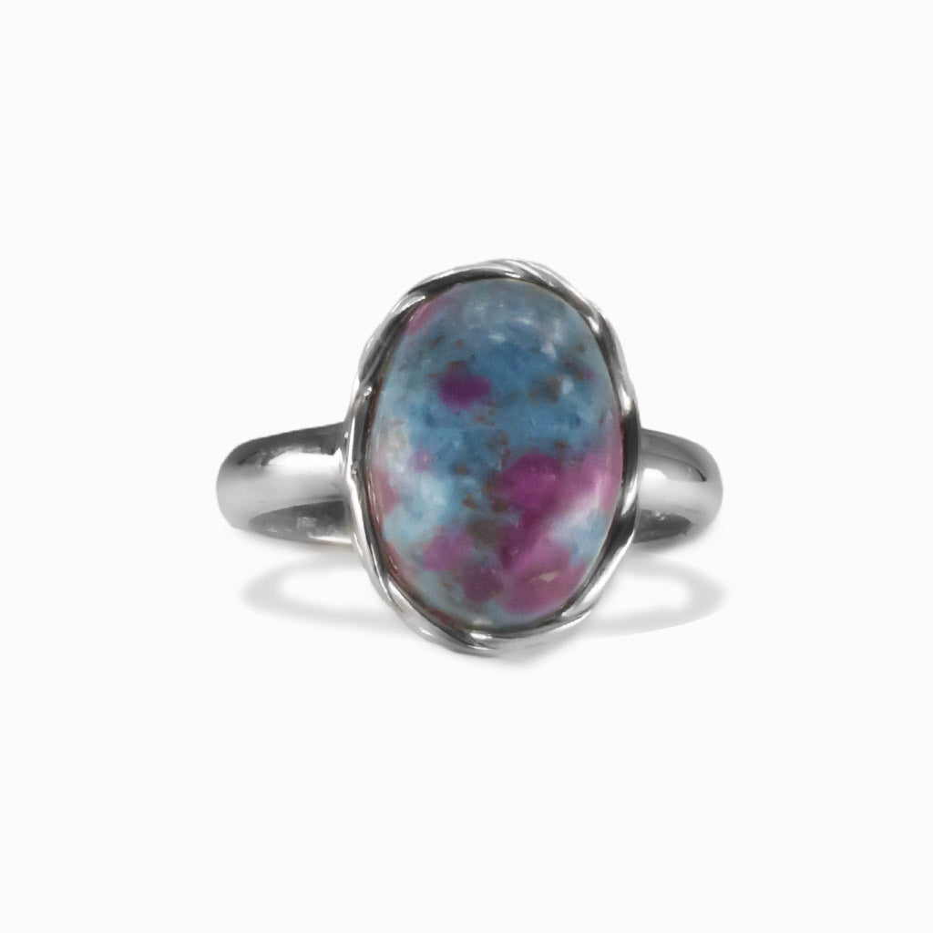 Ruby in Kyanite oval cabochon ring in sterling silver featuring blue and red gemstone blend. | MADE IN EARTH