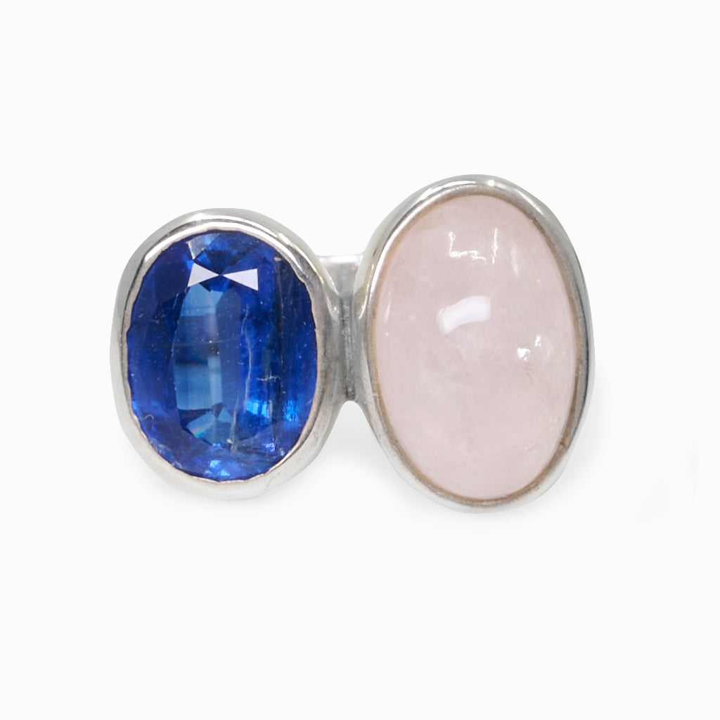 Cabochon oval Morganite and Faceted oval Kyanite ring