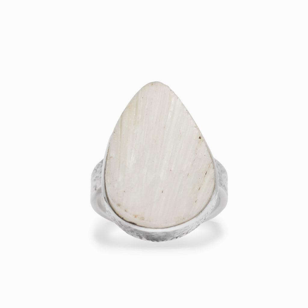 Teardrop Scolecite cabochon sterling silver statement ring with silky natural fibers.