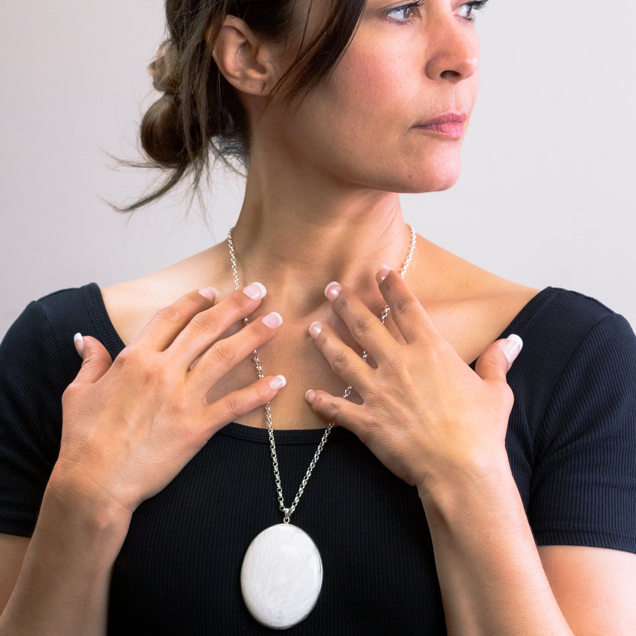 CABOCHON SCOLECITE NECKLACE STERLING SILVER ON MODEL | MADE IN EARTH