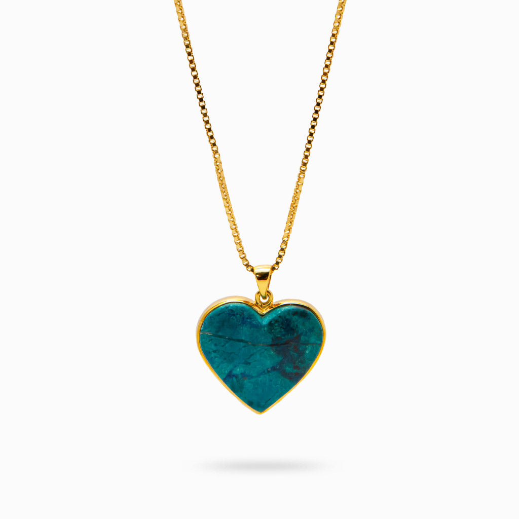 CABOCHON SHATTUCKITE HEART SHAPED NECKLACE IN YELLOW GOLD VERMEIL FINISH OVER STERLING SILVER | MADE IN EARTH