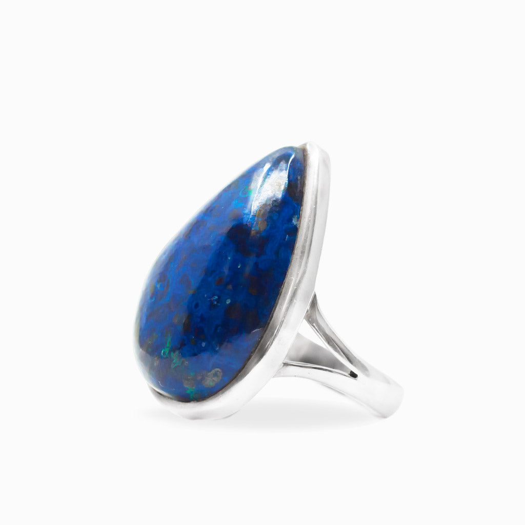 Deep blue teardrop Azurite cabochon ring set in a polished 925 sterling silver bezel.