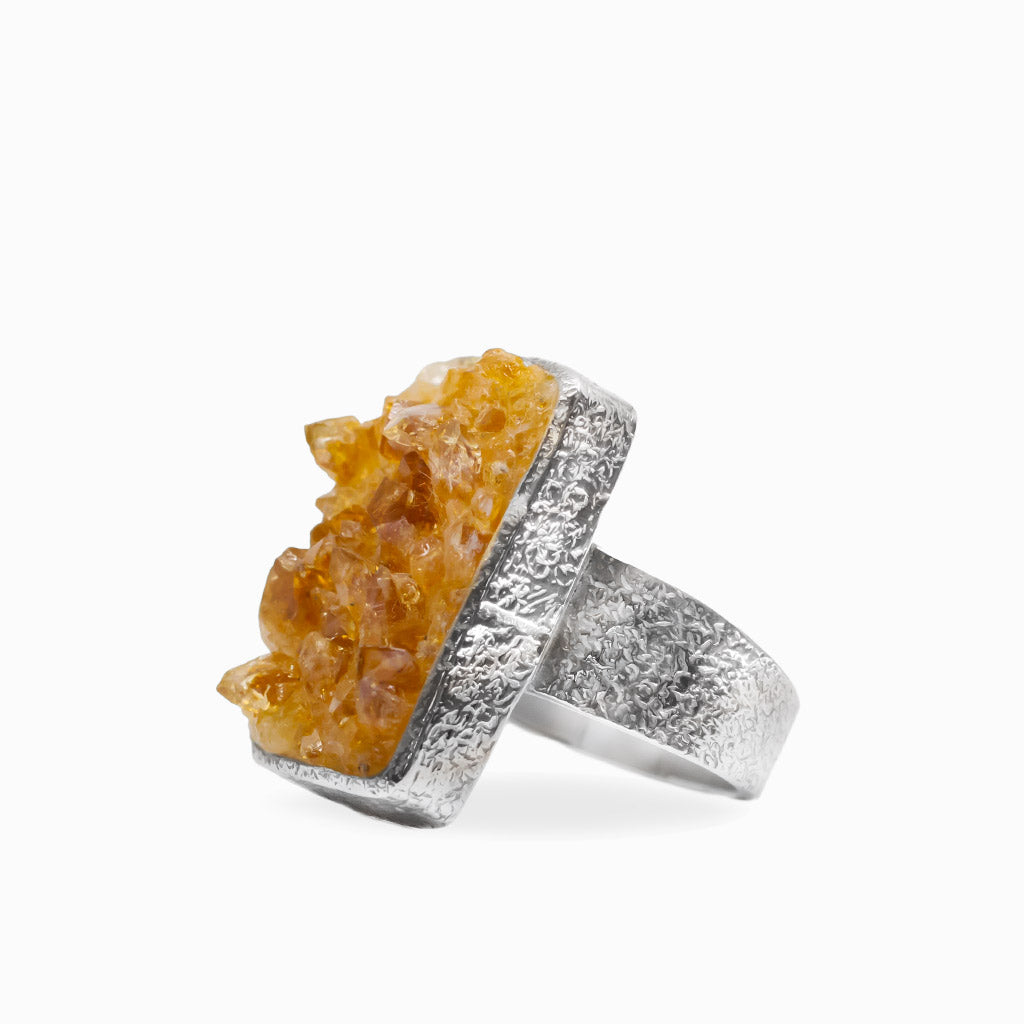 Rectangular golden Citrine druzy ring with natural crystal clusters set in polished 925 sterling silver.