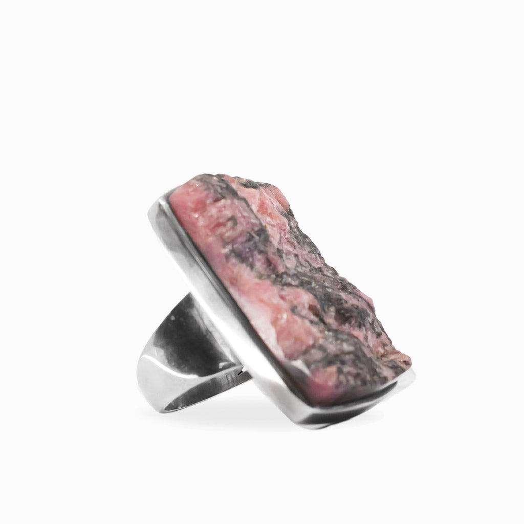 Rectangular freeform Rhodonite ring with natural pink and black mineral patterning set in polished 925 sterling silver.