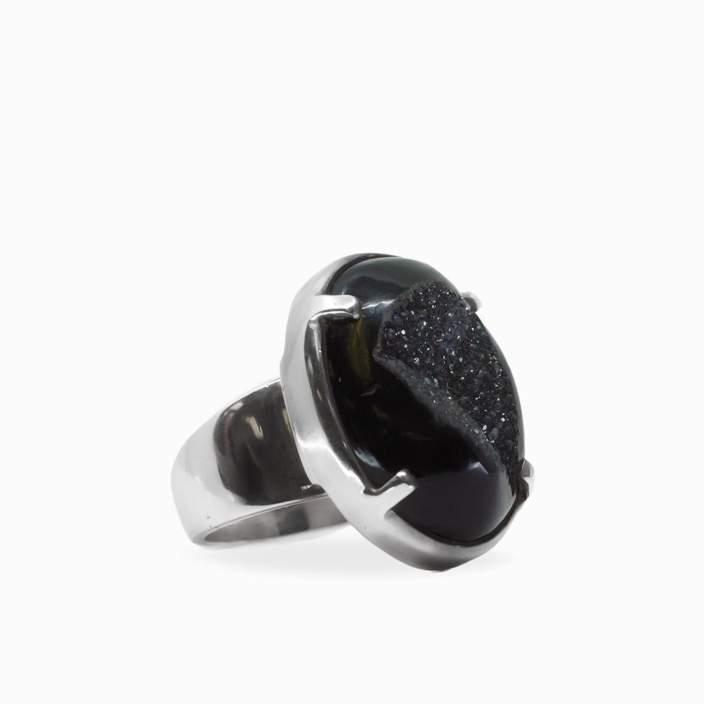 Black Onyx druzy statement ring in polished 925 sterling silver, featuring a sparkling crystal center and grounding, protective energy.