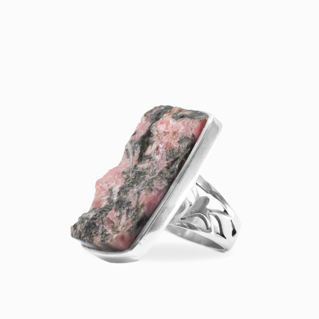 Rectangular freeform Rhodonite ring with natural pink and black mineral patterning set in polished 925 sterling silver.
