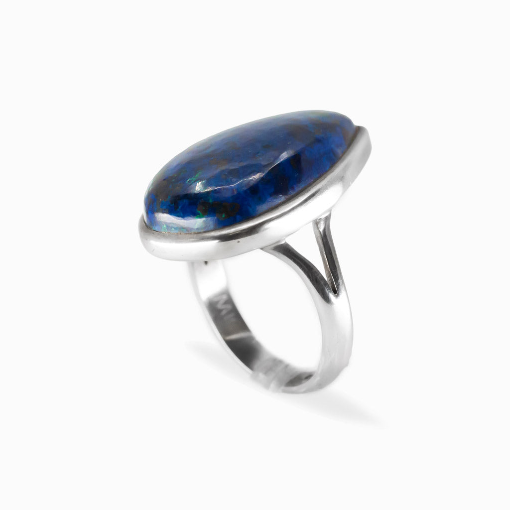 Deep blue teardrop Azurite cabochon ring set in a polished 925 sterling silver bezel.