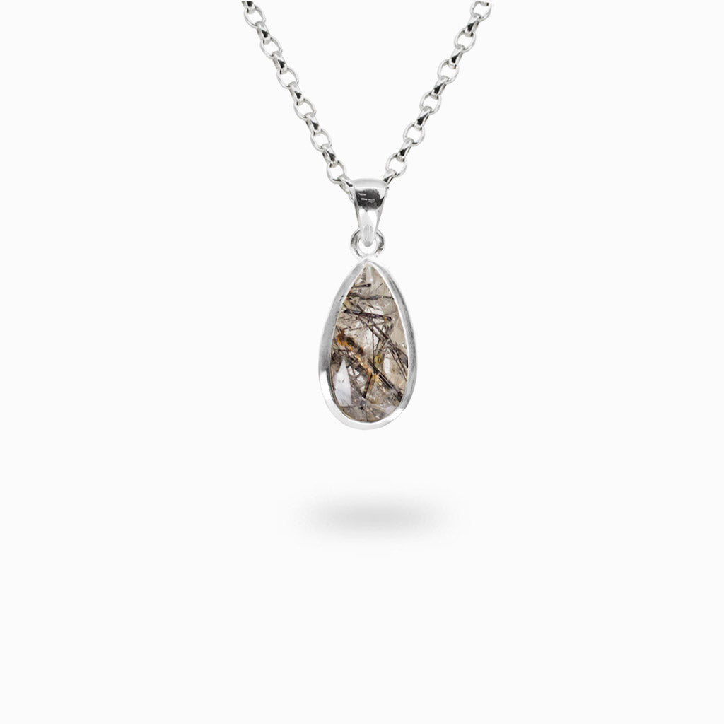 Teardrop Tourmalinated Quartz pendant with natural black needle-like Tourmaline inclusions set in polished sterling silver.