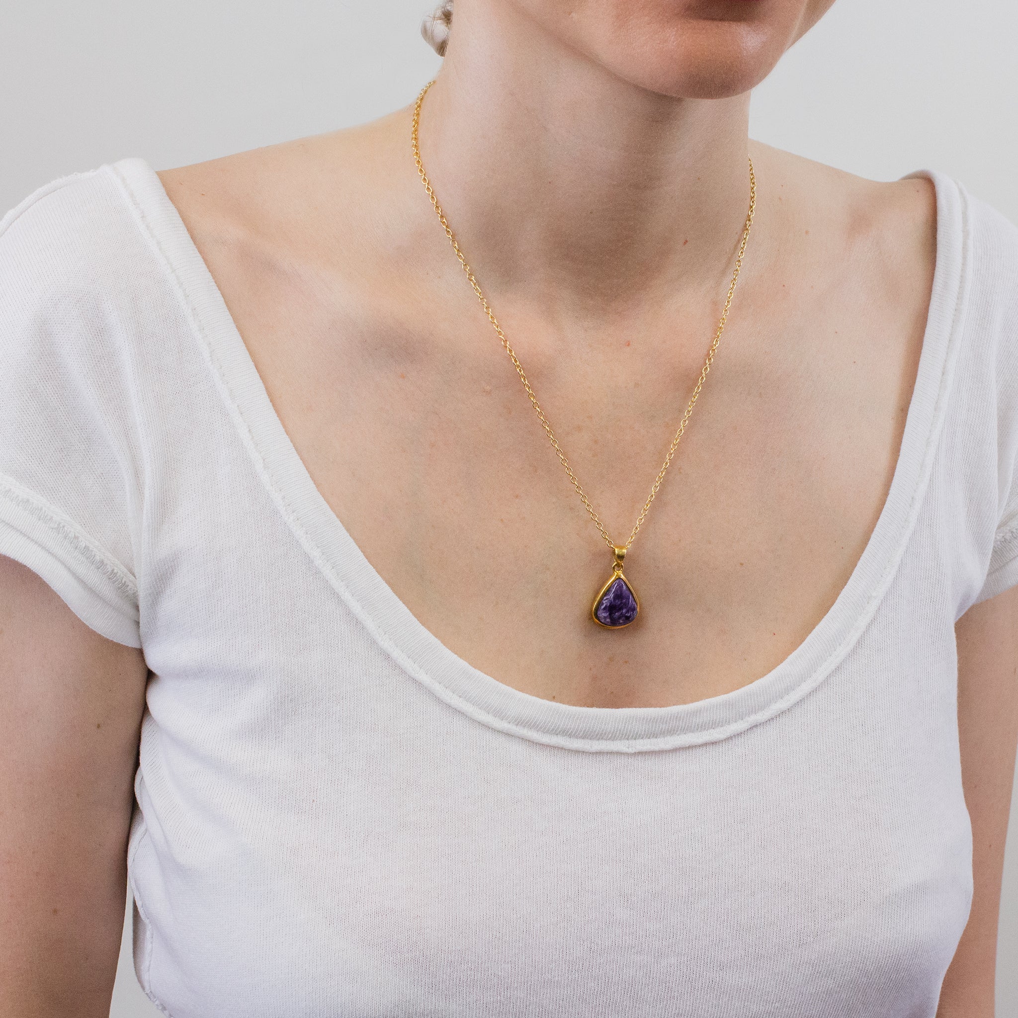 CHAROITE CAB TEAR NECKLACE WITH 14K YELLOW GOLD VERMEIL FINISH ON MODEL