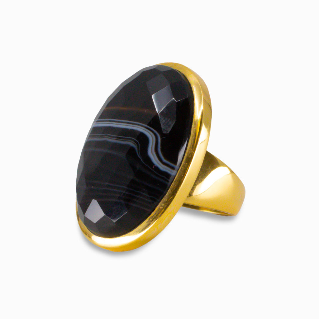 FACETED BANDED AGATE RING IN YELLOW GOLD VERMEIL FINISH OVER STERLING SILVER