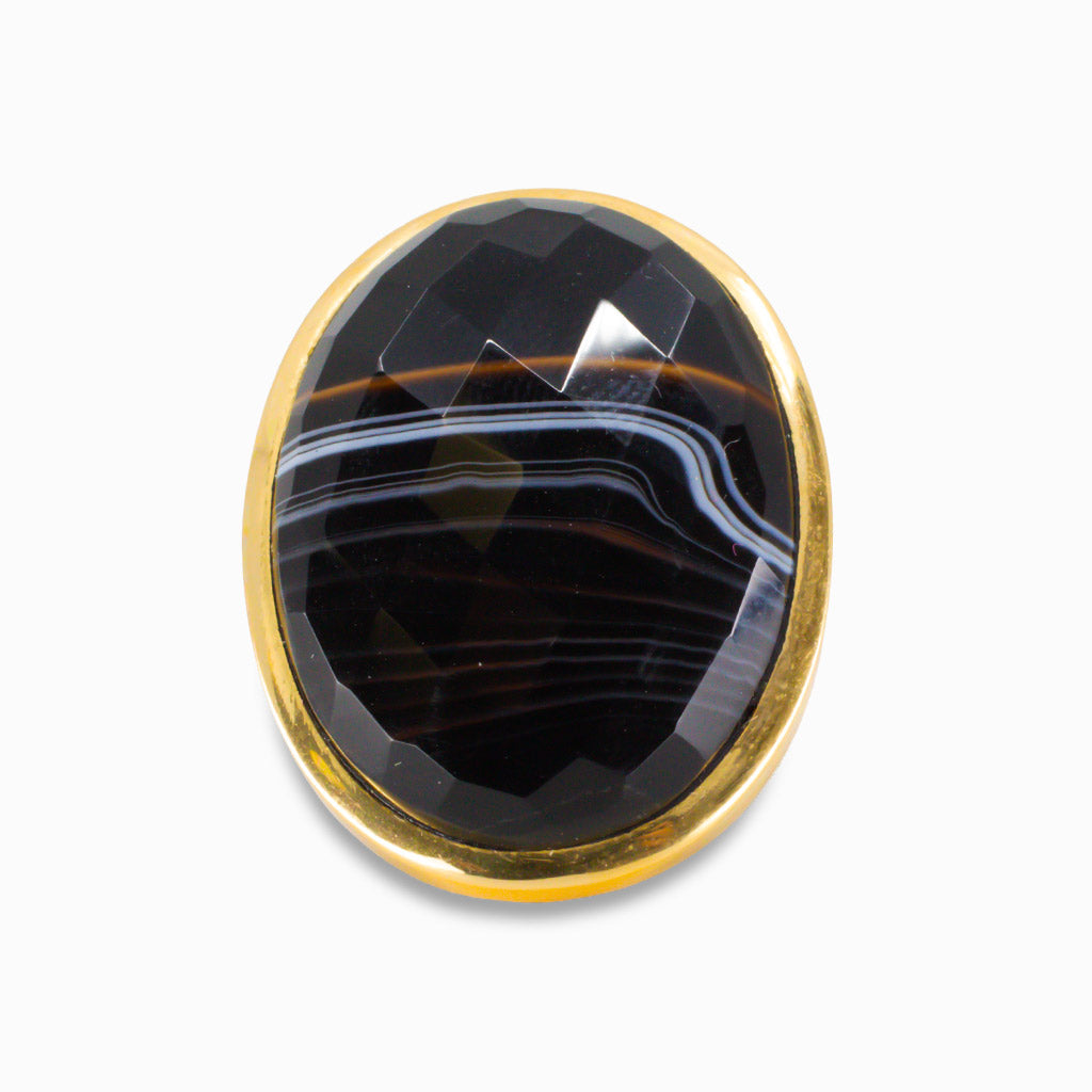 FACETED BANDED AGATE RING IN YELLOW GOLD VERMEIL FINISH OVER STERLING SILVER