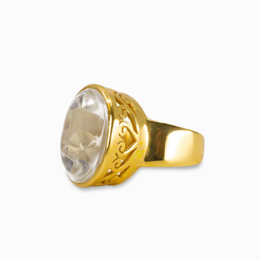FACETED CLEAR QTZ RING IN YELLOW GOLD VERMEIL