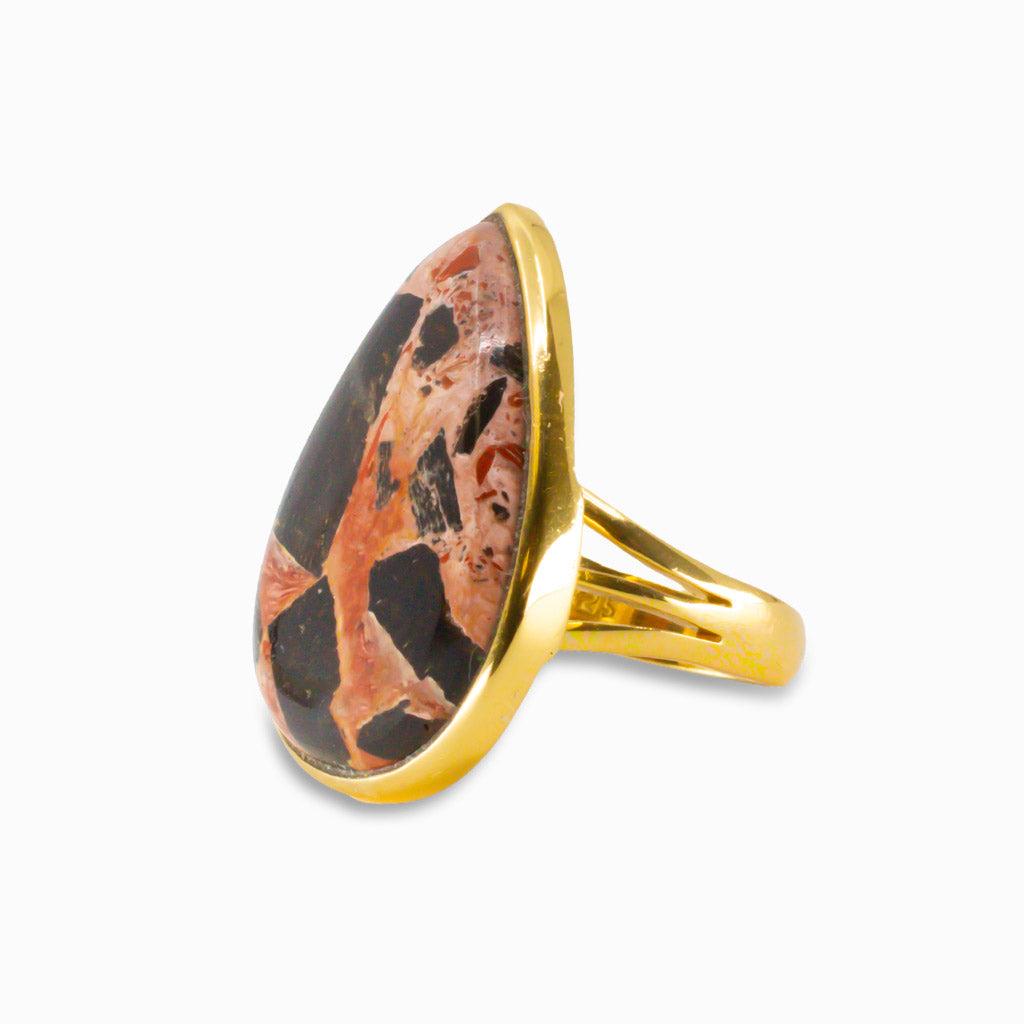 CABOCHON TEAR TYRE TRACK JASPER RING IN YELLOW GOLD VERMEIL FINISH OVER STERLING SILVER