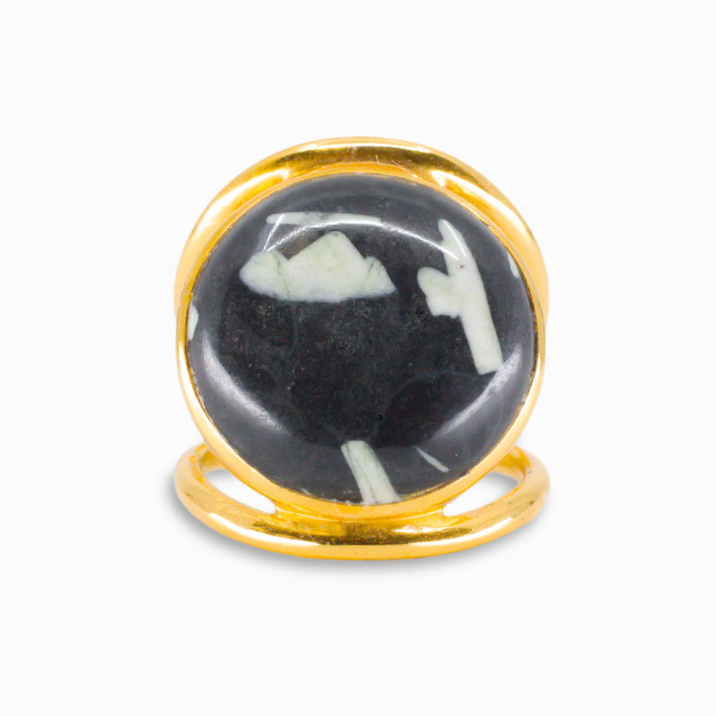 CABOCHON CHINESE WRITING ROCK RING YELLOW GOLD VERMEIL FINISH