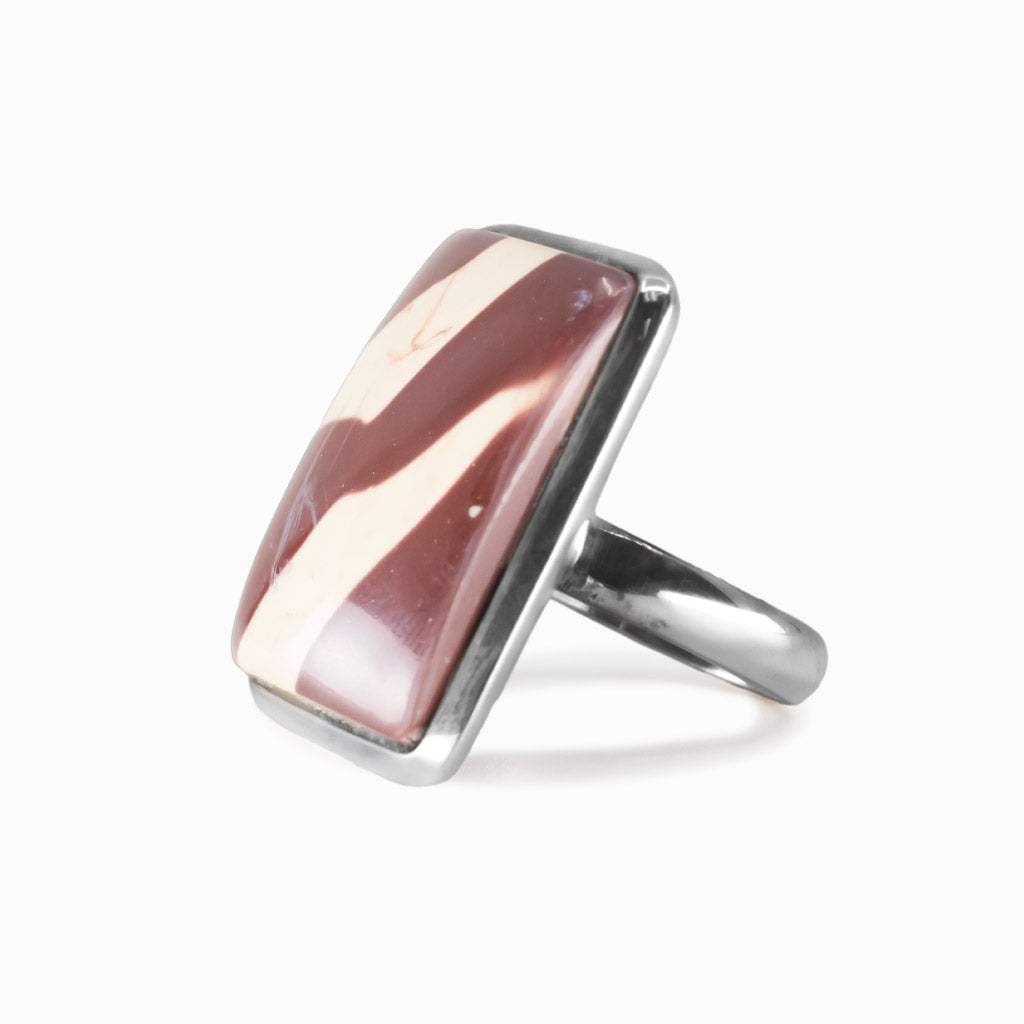 Rectangle zebra stone cabochon ring set in sterling silver with brown and cream striped patterns