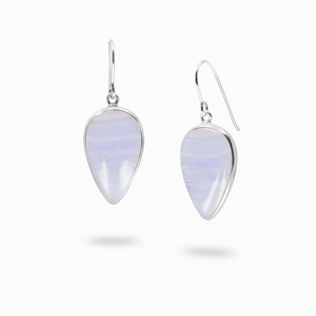 Blue Lace Agate polished teardrop cabochon earrings in sterling silver bezel settings.